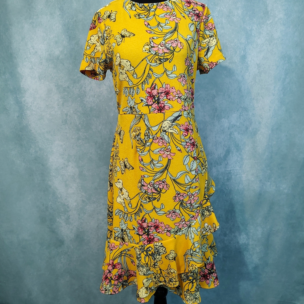 Apt. 9 Yellow Floral Print Ruffle-Hem Short Sleeve Dress Medium